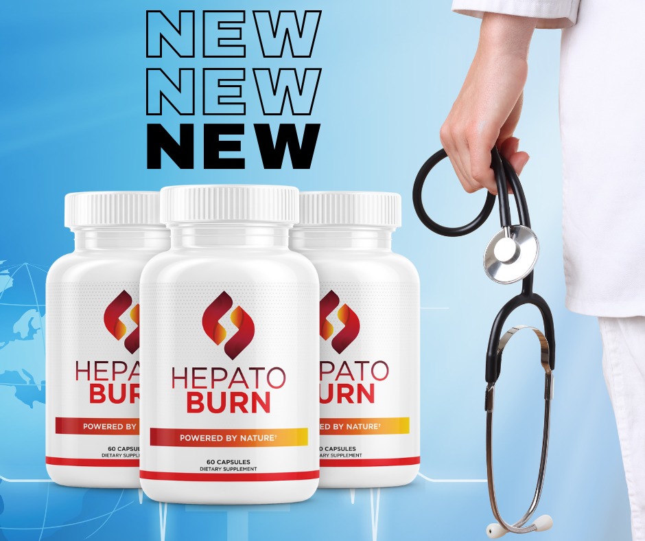 HepatoBurn reviews and bottle displayed in a professional medical office setting.