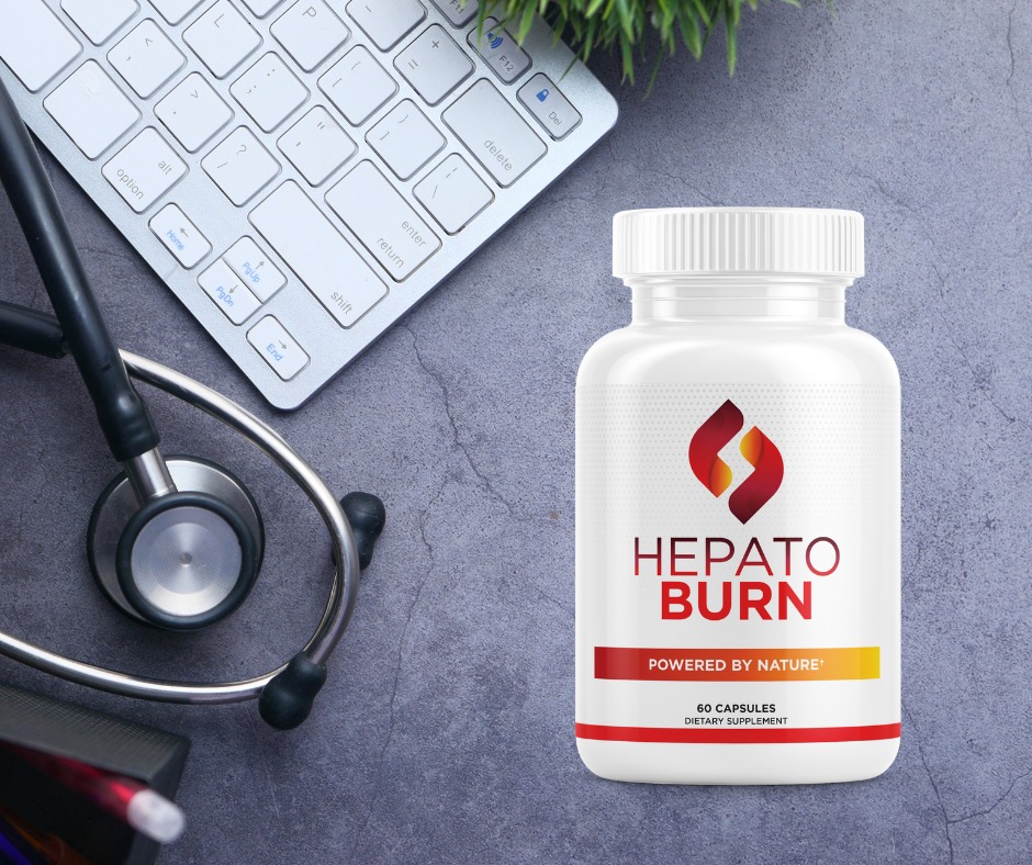 HepatoBurn reviews and bottle displayed in a professional medical office setting.