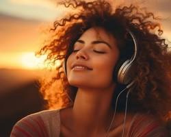 Person meditating with headphones sunset manifestation